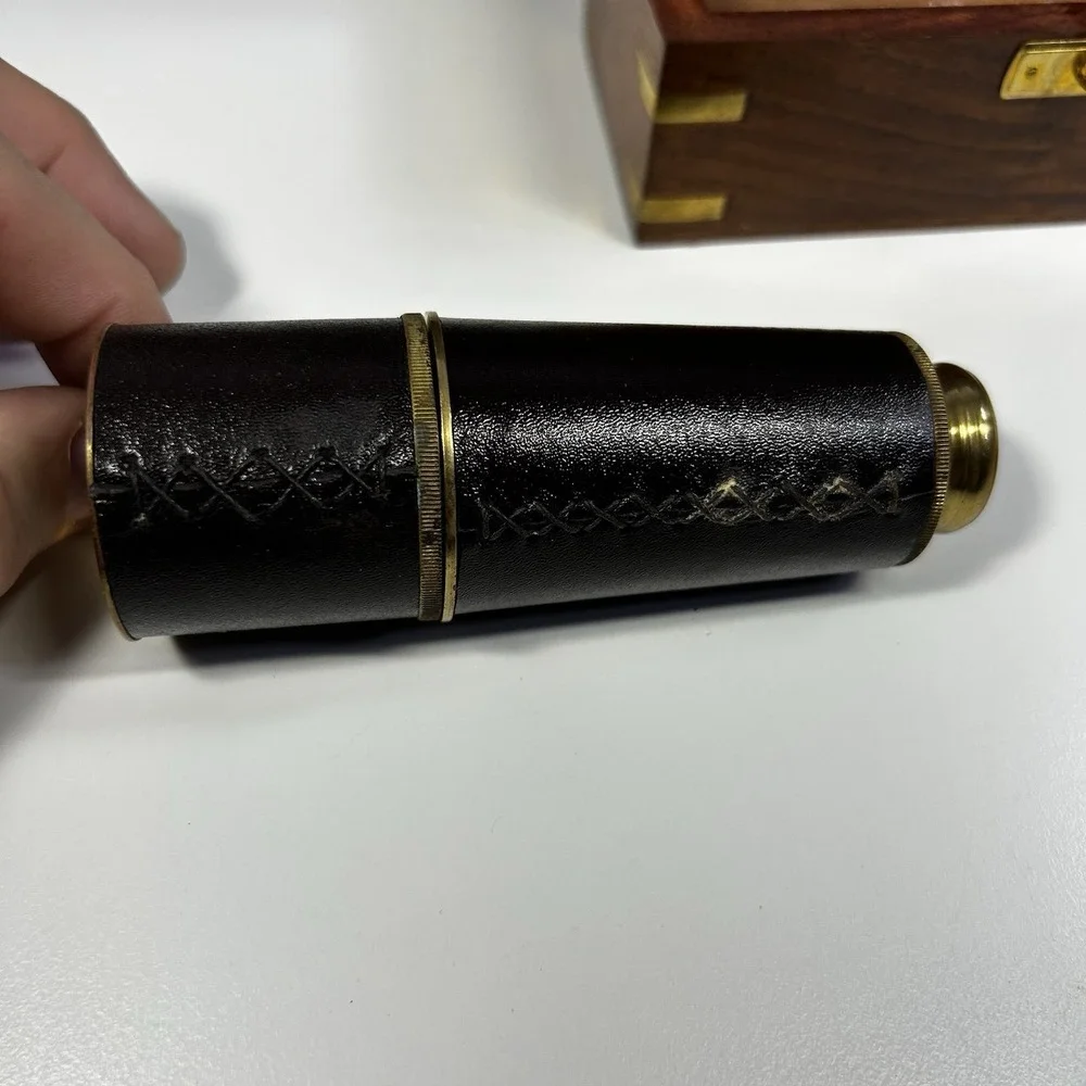Antique Style Brass Spyglass Telescope Leather Wrapped w Wooden Box